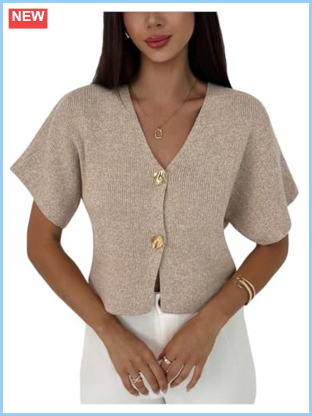 SOLY HUX Women's Short Sleeve V Neck Cardigan - Lightweight Rib Knit